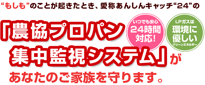 「農協プロパン集中監視システム」があなたのご家族を守ります。いつでも安心2４時間対応！LPガスは環境に優しいグリーンエネルギー！